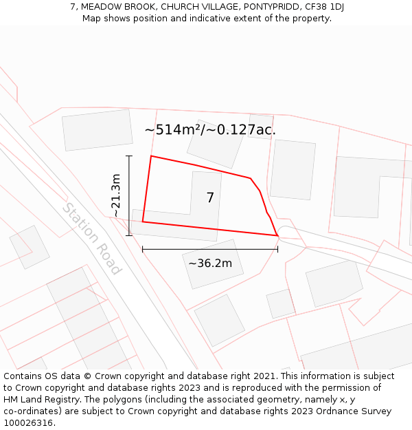 7, MEADOW BROOK, CHURCH VILLAGE, PONTYPRIDD, CF38 1DJ: Plot and title map