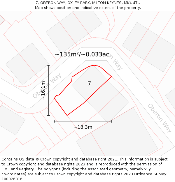 7, OBERON WAY, OXLEY PARK, MILTON KEYNES, MK4 4TU: Plot and title map