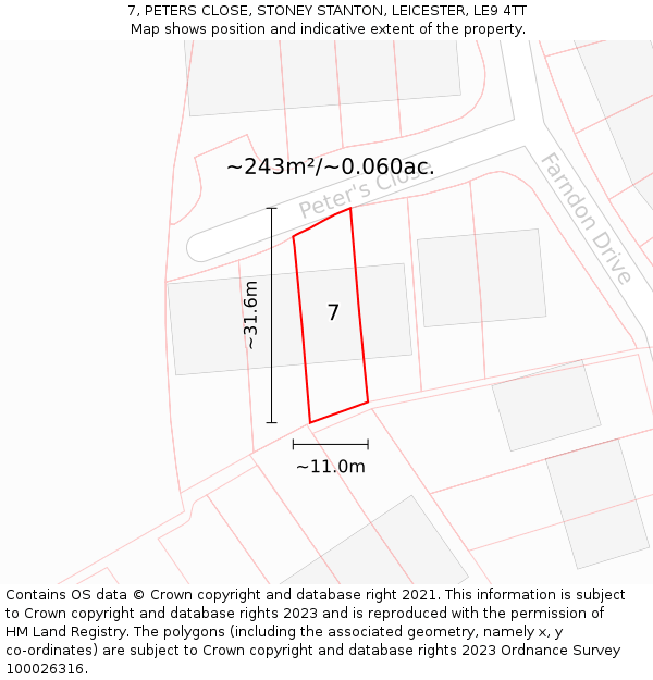 7, PETERS CLOSE, STONEY STANTON, LEICESTER, LE9 4TT: Plot and title map