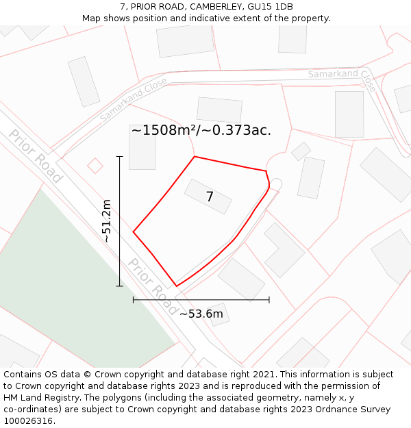 7, PRIOR ROAD, CAMBERLEY, GU15 1DB: Plot and title map