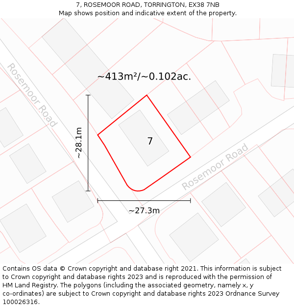 7, ROSEMOOR ROAD, TORRINGTON, EX38 7NB: Plot and title map