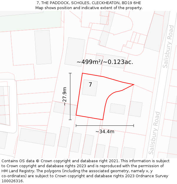 7, THE PADDOCK, SCHOLES, CLECKHEATON, BD19 6HE: Plot and title map