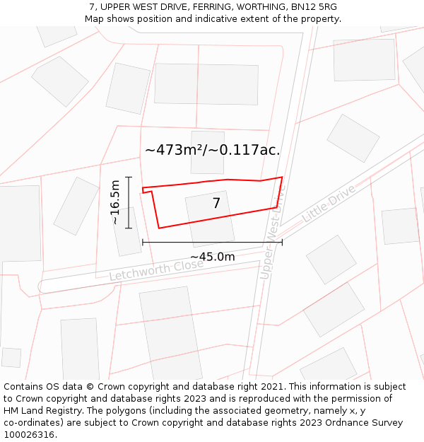 7, UPPER WEST DRIVE, FERRING, WORTHING, BN12 5RG: Plot and title map