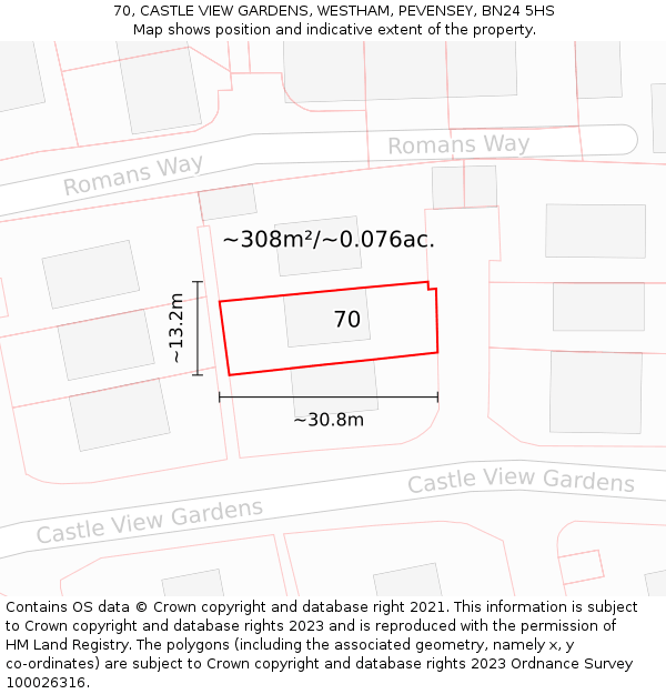 70, CASTLE VIEW GARDENS, WESTHAM, PEVENSEY, BN24 5HS: Plot and title map