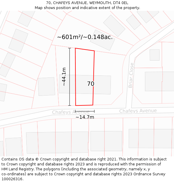 70, CHAFEYS AVENUE, WEYMOUTH, DT4 0EL: Plot and title map