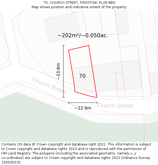 70, CHURCH STREET, PADSTOW, PL28 8BG: Plot and title map