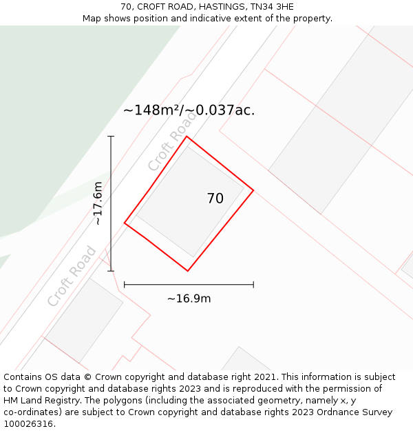 70, CROFT ROAD, HASTINGS, TN34 3HE: Plot and title map