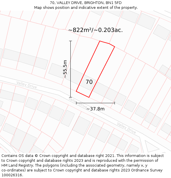 70, VALLEY DRIVE, BRIGHTON, BN1 5FD: Plot and title map