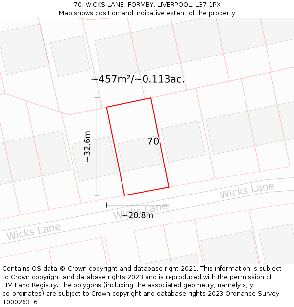 70, WICKS LANE, FORMBY, LIVERPOOL, L37 1PX: Plot and title map