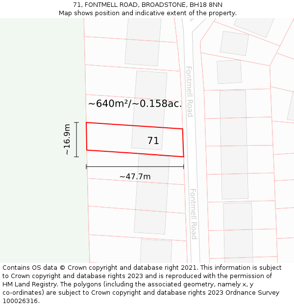 71, FONTMELL ROAD, BROADSTONE, BH18 8NN: Plot and title map