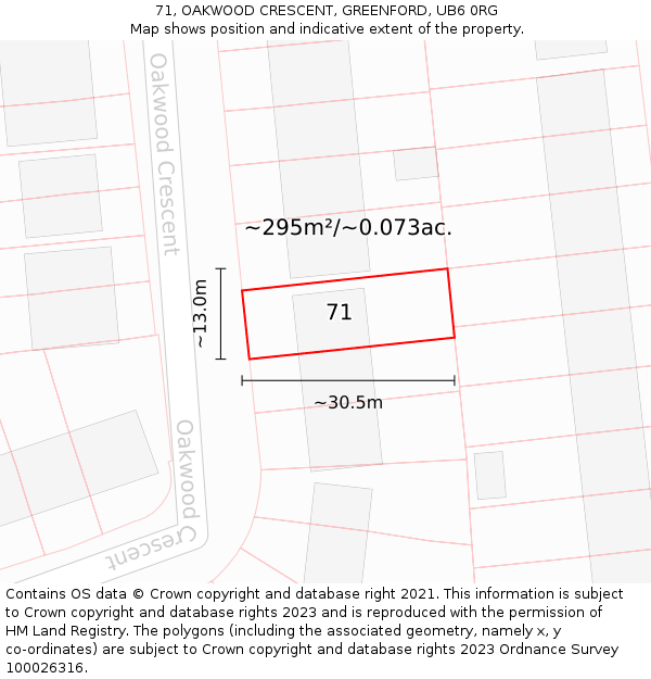 71, OAKWOOD CRESCENT, GREENFORD, UB6 0RG: Plot and title map