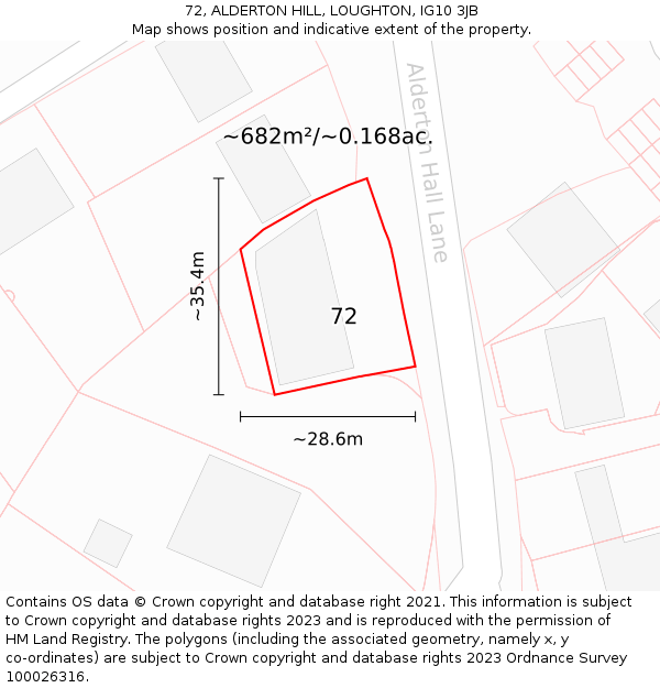 72, ALDERTON HILL, LOUGHTON, IG10 3JB: Plot and title map