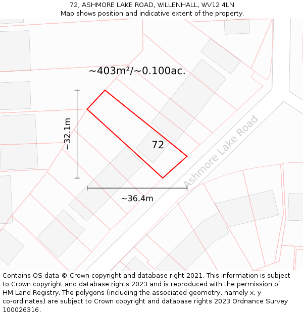 72, ASHMORE LAKE ROAD, WILLENHALL, WV12 4LN: Plot and title map