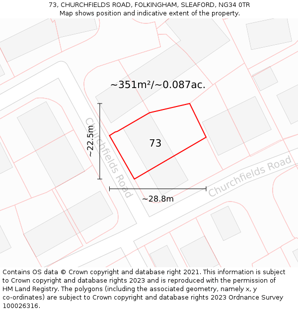 73, CHURCHFIELDS ROAD, FOLKINGHAM, SLEAFORD, NG34 0TR: Plot and title map