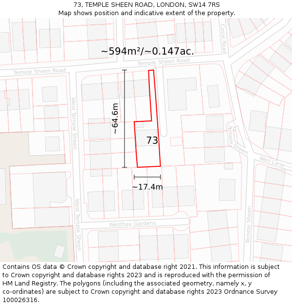 73, TEMPLE SHEEN ROAD, LONDON, SW14 7RS: Plot and title map