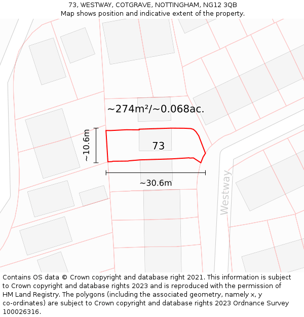 73, WESTWAY, COTGRAVE, NOTTINGHAM, NG12 3QB: Plot and title map