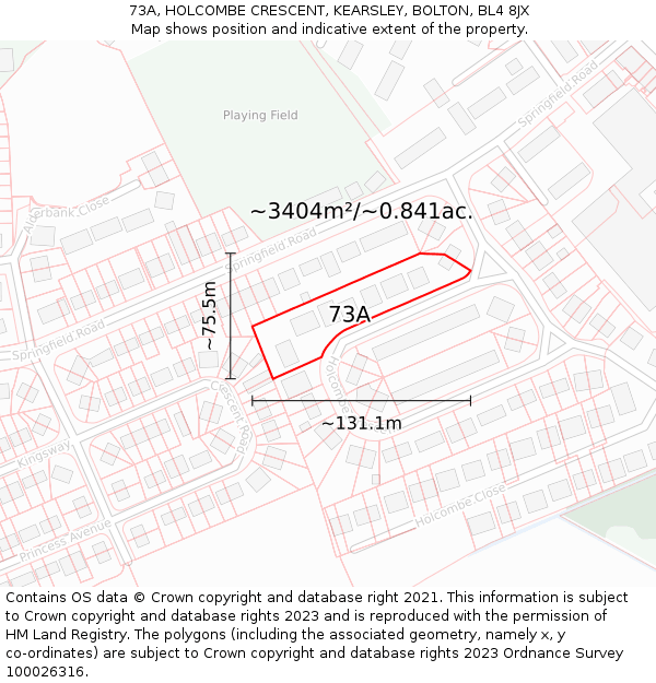 73A, HOLCOMBE CRESCENT, KEARSLEY, BOLTON, BL4 8JX: Plot and title map