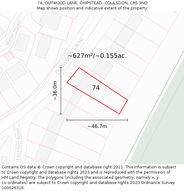 74, OUTWOOD LANE, CHIPSTEAD, COULSDON, CR5 3ND: Plot and title map