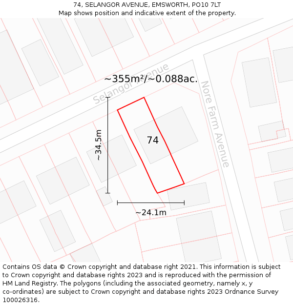 74, SELANGOR AVENUE, EMSWORTH, PO10 7LT: Plot and title map