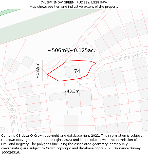 74, SWINNOW GREEN, PUDSEY, LS28 9AW: Plot and title map