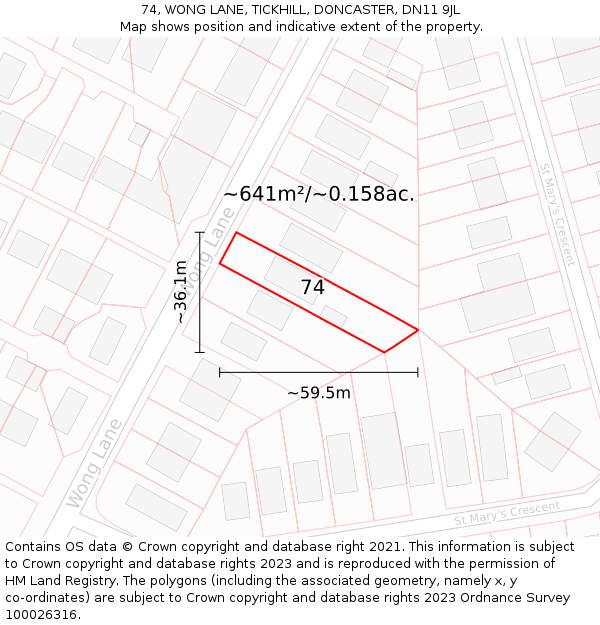 74, WONG LANE, TICKHILL, DONCASTER, DN11 9JL: Plot and title map