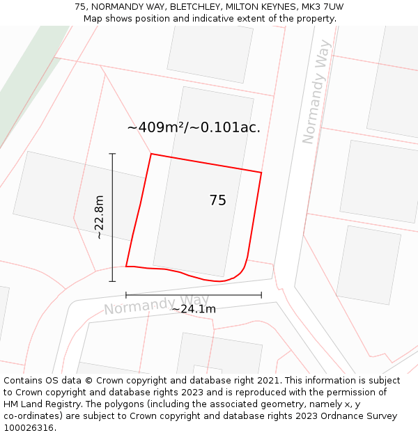 75, NORMANDY WAY, BLETCHLEY, MILTON KEYNES, MK3 7UW: Plot and title map