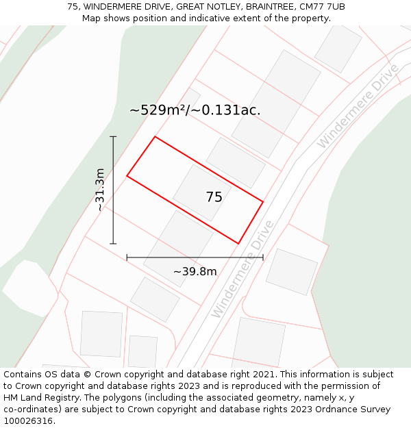 75, WINDERMERE DRIVE, GREAT NOTLEY, BRAINTREE, CM77 7UB: Plot and title map