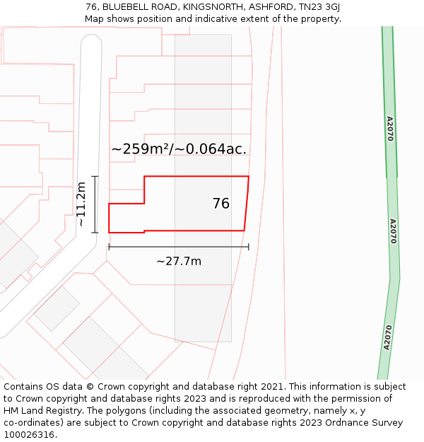 76, BLUEBELL ROAD, KINGSNORTH, ASHFORD, TN23 3GJ: Plot and title map