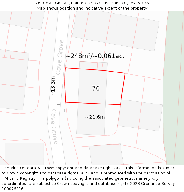 76, CAVE GROVE, EMERSONS GREEN, BRISTOL, BS16 7BA: Plot and title map