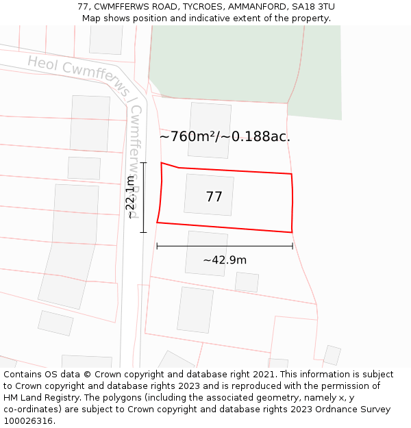 77, CWMFFERWS ROAD, TYCROES, AMMANFORD, SA18 3TU: Plot and title map