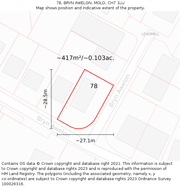 78, BRYN AWELON, MOLD, CH7 1LU: Plot and title map