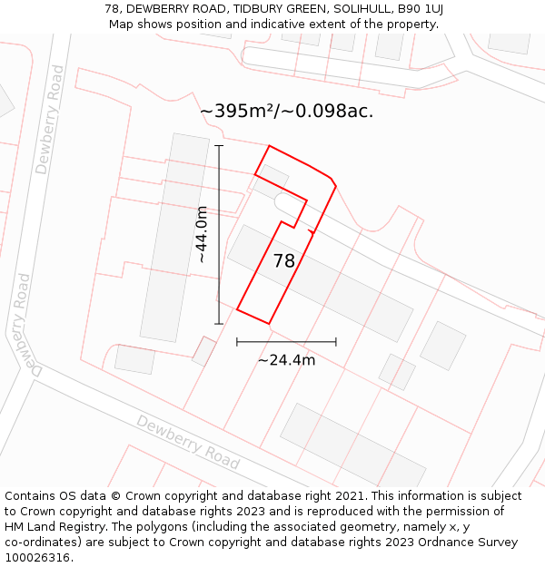 78, DEWBERRY ROAD, TIDBURY GREEN, SOLIHULL, B90 1UJ: Plot and title map