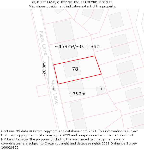 78, FLEET LANE, QUEENSBURY, BRADFORD, BD13 2JL: Plot and title map