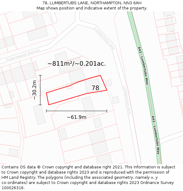 78, LUMBERTUBS LANE, NORTHAMPTON, NN3 6AH: Plot and title map