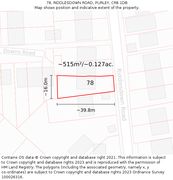 78, RIDDLESDOWN ROAD, PURLEY, CR8 1DB: Plot and title map