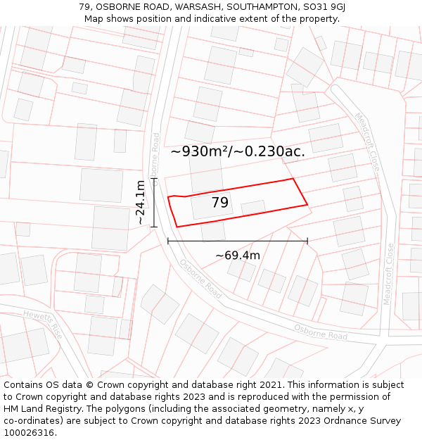 79, OSBORNE ROAD, WARSASH, SOUTHAMPTON, SO31 9GJ: Plot and title map