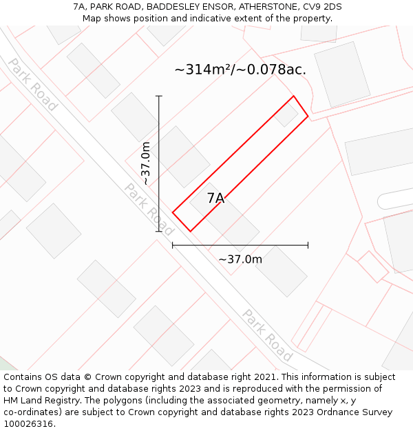 7A, PARK ROAD, BADDESLEY ENSOR, ATHERSTONE, CV9 2DS: Plot and title map