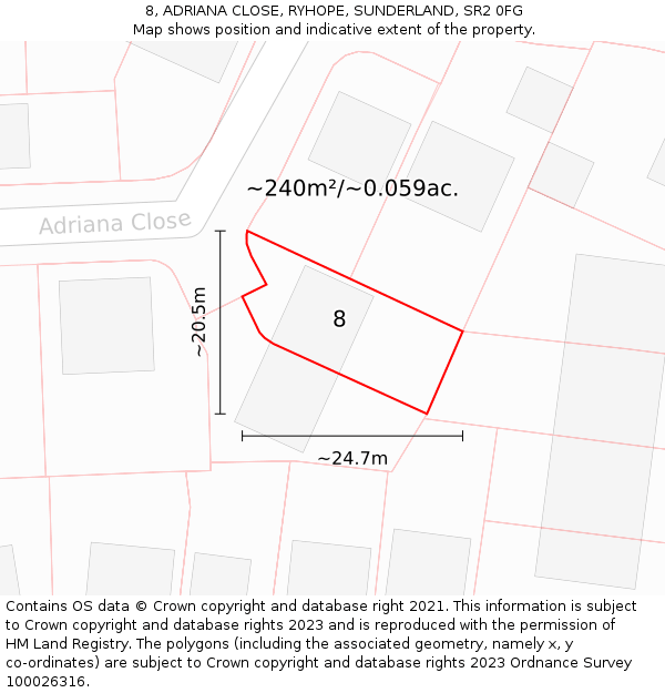 8, ADRIANA CLOSE, RYHOPE, SUNDERLAND, SR2 0FG: Plot and title map