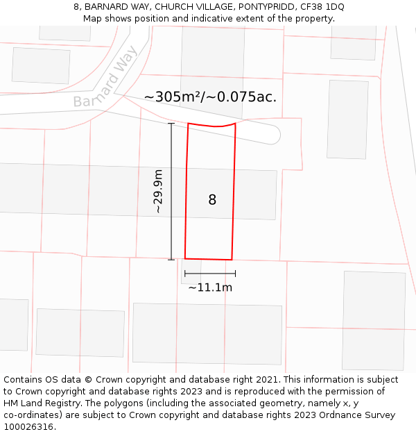 8, BARNARD WAY, CHURCH VILLAGE, PONTYPRIDD, CF38 1DQ: Plot and title map