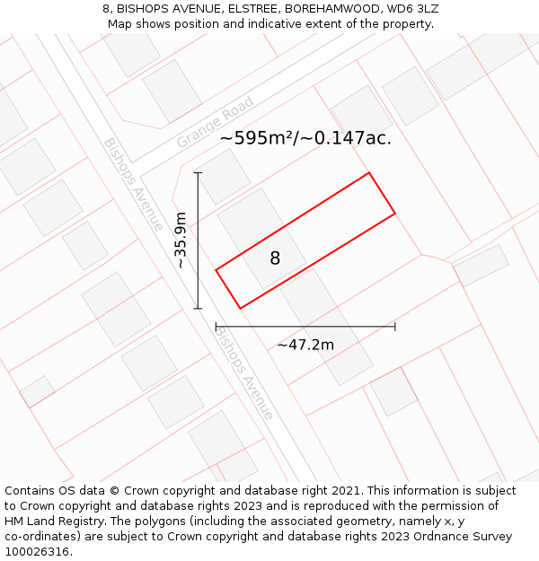 8, BISHOPS AVENUE, ELSTREE, BOREHAMWOOD, WD6 3LZ: Plot and title map