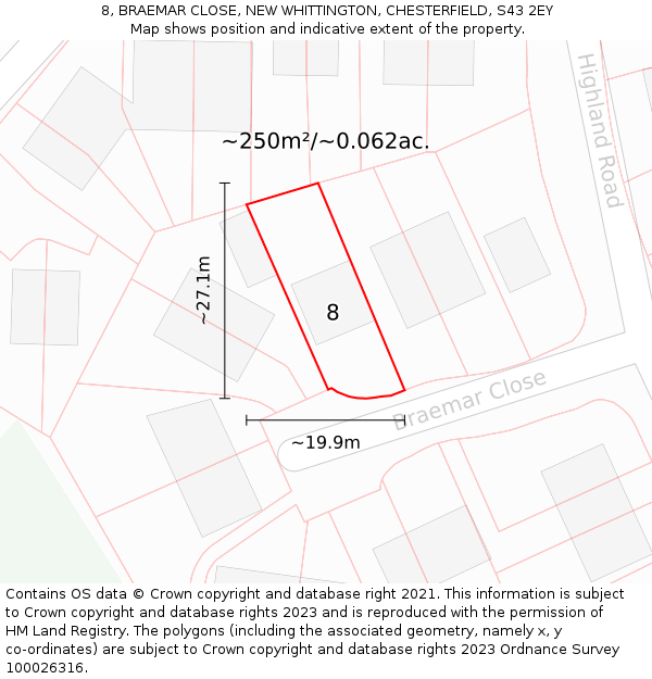 8, BRAEMAR CLOSE, NEW WHITTINGTON, CHESTERFIELD, S43 2EY: Plot and title map