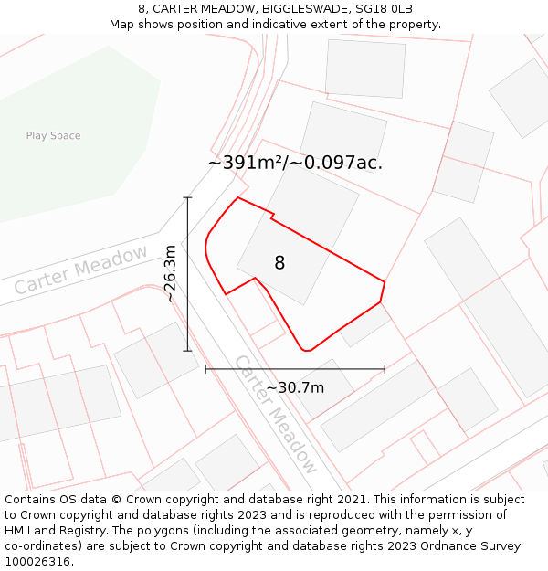 8, CARTER MEADOW, BIGGLESWADE, SG18 0LB: Plot and title map