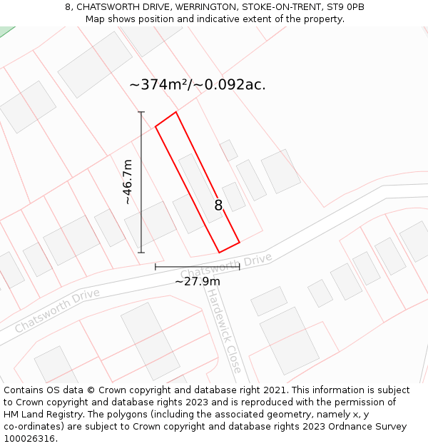 8, CHATSWORTH DRIVE, WERRINGTON, STOKE-ON-TRENT, ST9 0PB: Plot and title map