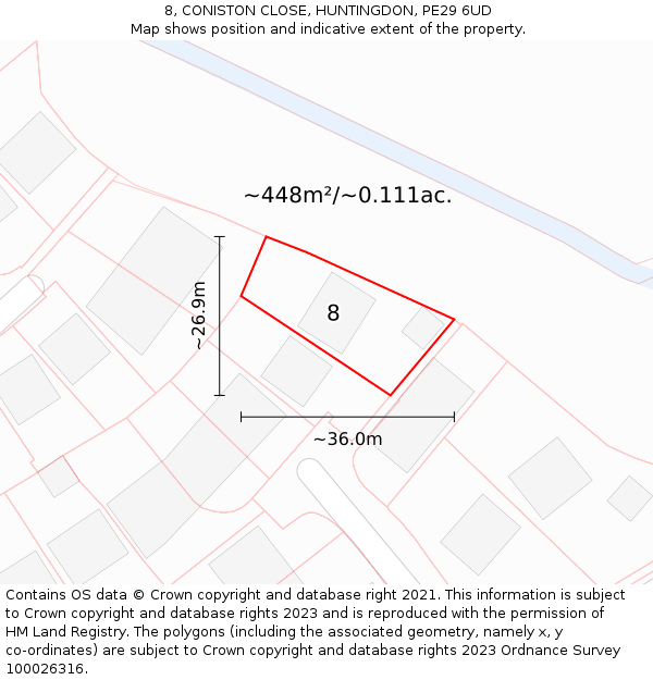 8, CONISTON CLOSE, HUNTINGDON, PE29 6UD: Plot and title map