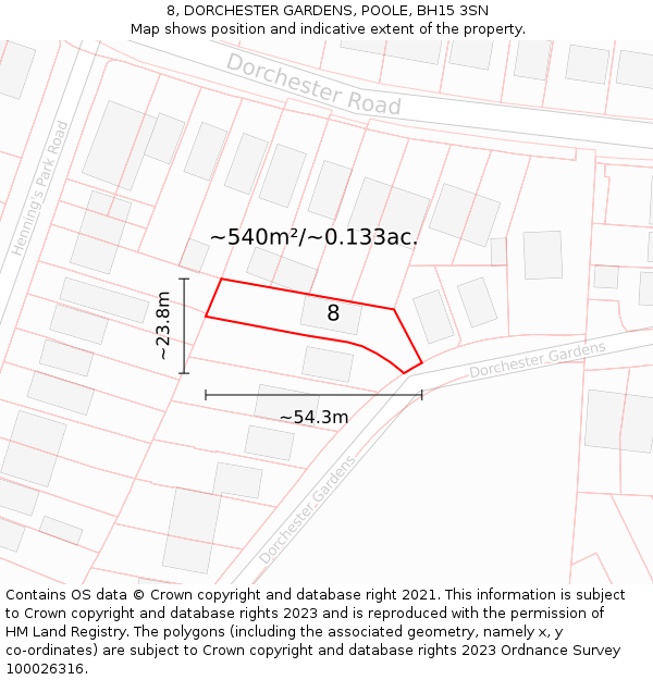 8, DORCHESTER GARDENS, POOLE, BH15 3SN: Plot and title map