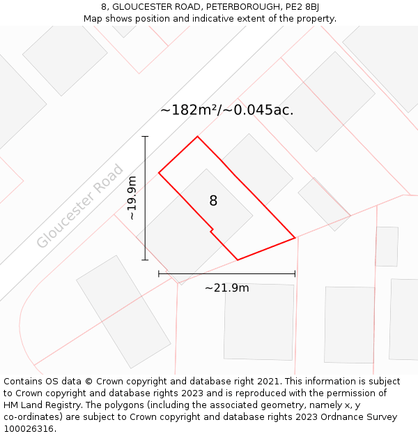 8, GLOUCESTER ROAD, PETERBOROUGH, PE2 8BJ: Plot and title map