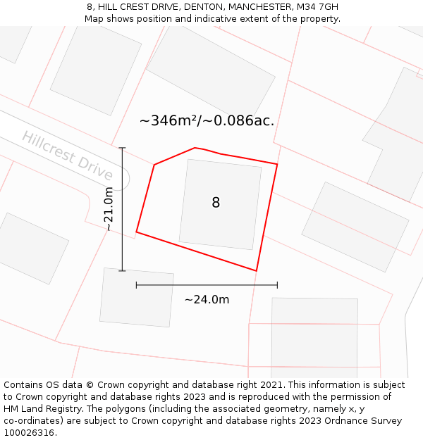 8, HILL CREST DRIVE, DENTON, MANCHESTER, M34 7GH: Plot and title map