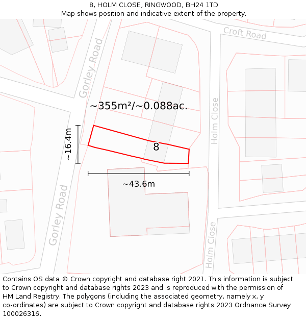 8, HOLM CLOSE, RINGWOOD, BH24 1TD: Plot and title map