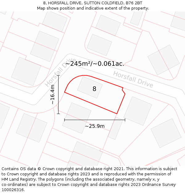 8, HORSFALL DRIVE, SUTTON COLDFIELD, B76 2BT: Plot and title map