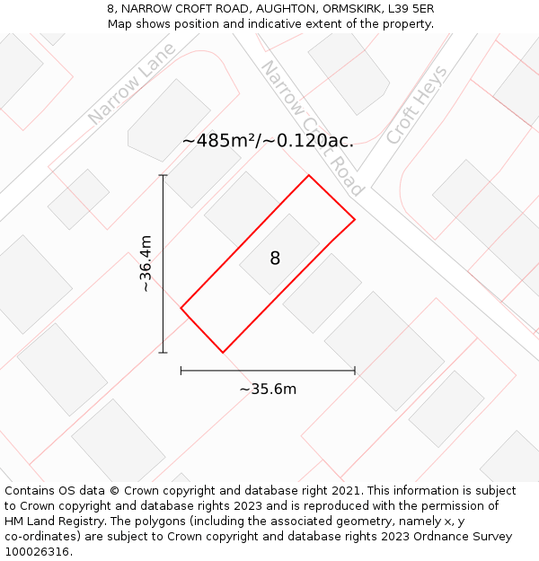 8, NARROW CROFT ROAD, AUGHTON, ORMSKIRK, L39 5ER: Plot and title map